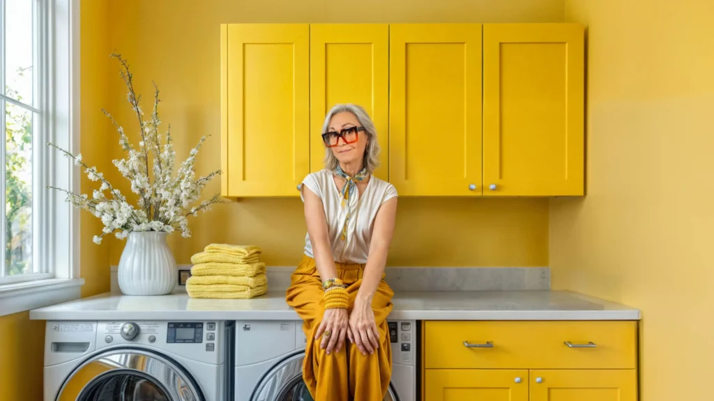 woman sitting by laundry machines